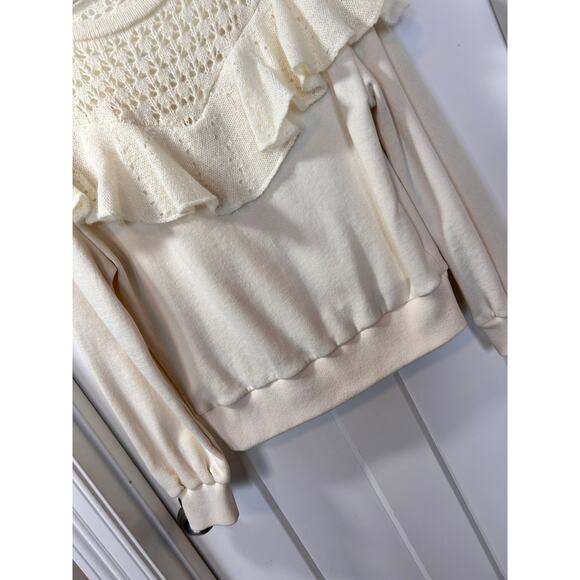 Anthropologie Layered Ruffle Collar Crochet Knit Pullover Sweater Cream SZ Small - Picture 6 of 10